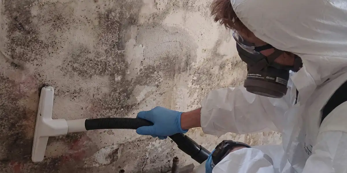 professional mold removal technician wearing protective equipment removing mold from a wall in Denver, CO